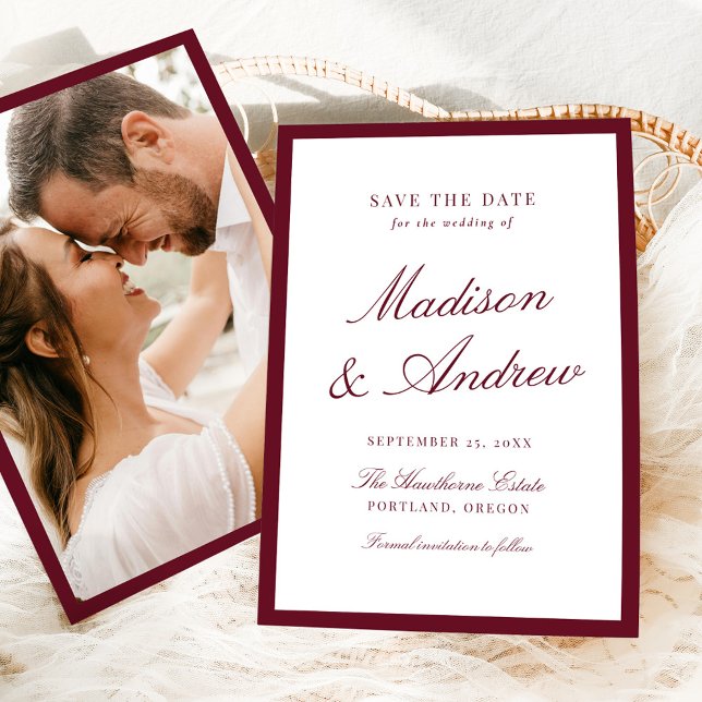 Save The Date Modern Burgundy Border Photo Wedding (Créateur téléchargé)
