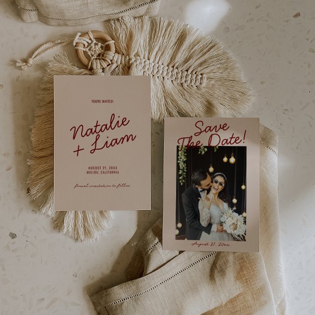 Save The Date Modern Burgundy Cream Whimsical Photo Wedding  (Créateur téléchargé)