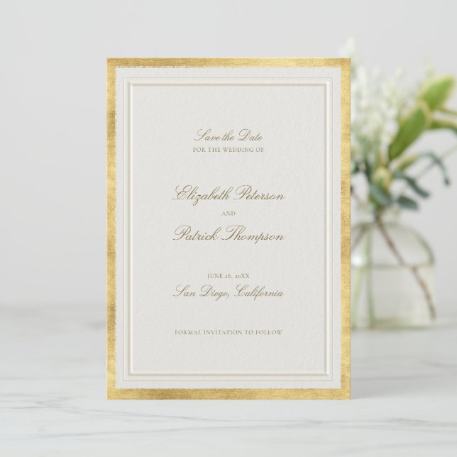 Save The Date Modern Classic Formal Elevated Gold Ecru Wedding (Debout devant)