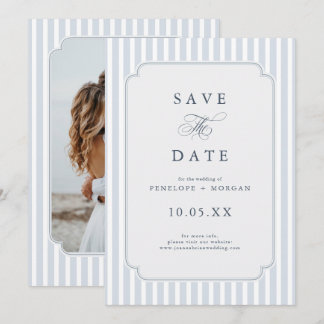 Save The Date Modern Classic Stripes Dusty Blue Vintage Photo