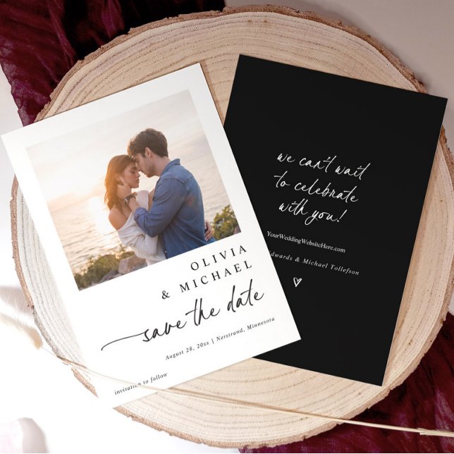 Save The Date Modern Cute Handwriting Black and White Wedding (Simple black and white save the date with couple photo and elegant modern handwriting script.)