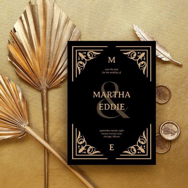 Save The Date Modern Deco | Black and Gold Photo Back Wedding (Créateur téléchargé)