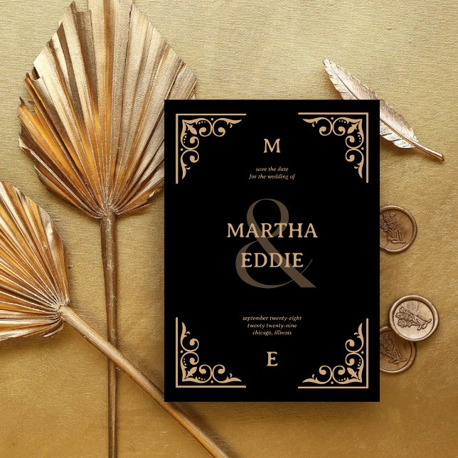 Save The Date Modern Deco | Black and Gold Photo Back Wedding (Créateur téléchargé)