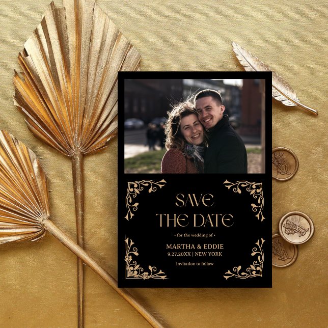 Save The Date Modern Deco | Faux Gold and Black Photo Wedding (Créateur téléchargé)