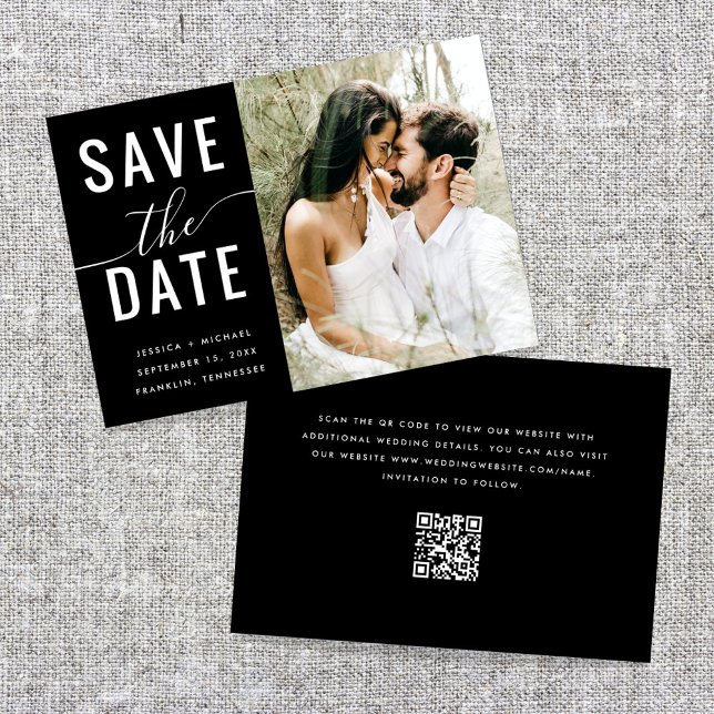 Save The Date Modern Elegant Black Minimal QR Code Photo Wedding (Créateur téléchargé)