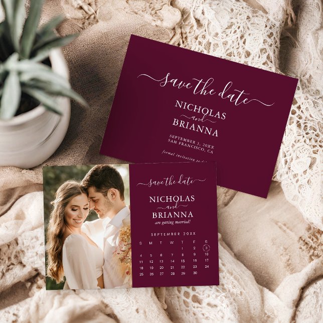 Save The Date Modern Elegant Photo Calendar Burgundy Wedding (Créateur téléchargé)