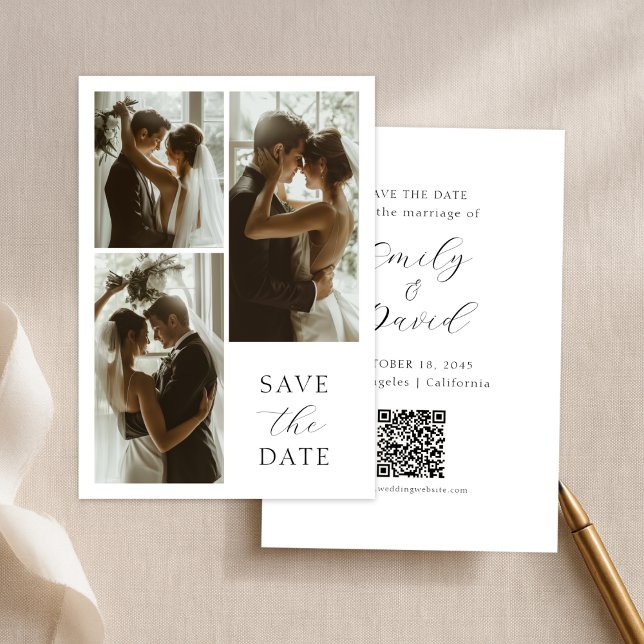 Save The Date Modern Elegant Script 3 Photo Minimalist Wedding (Créateur téléchargé)