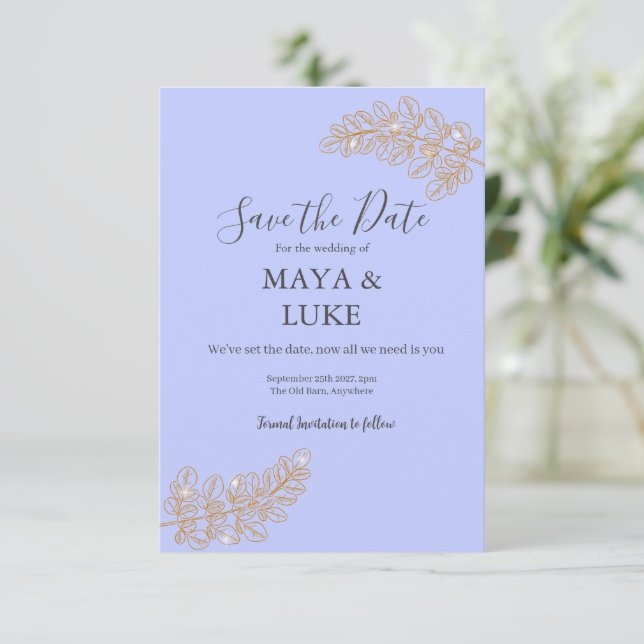 Save The Date Modern Gold leaves Lavender colour (Debout devant)