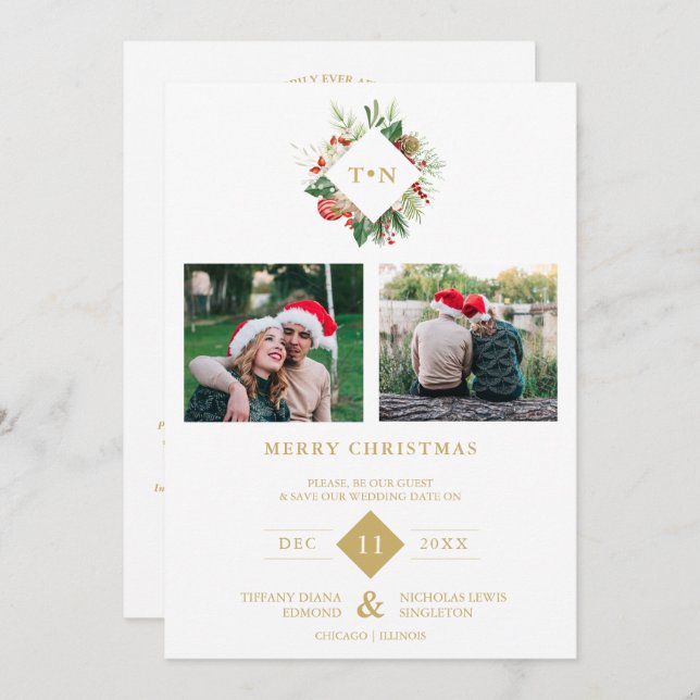 Save The Date Modern Initials Floral Christmas Wreath 2 Photos  (Devant / Derrière)