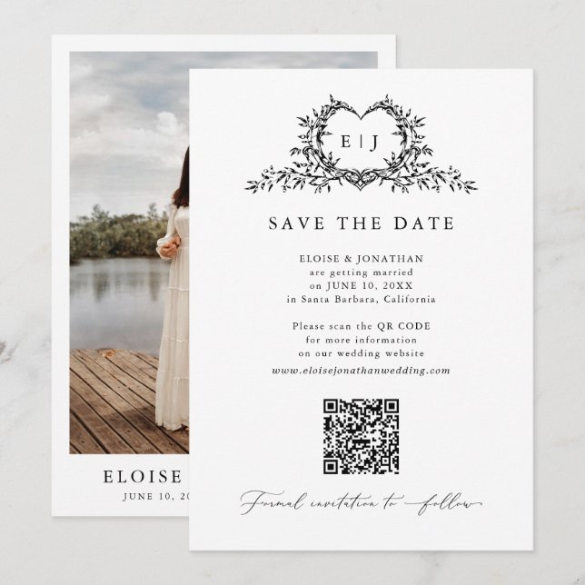 Save The Date Modern Minimalist Calligraphy Crest monogram Photo (Devant / Derrière)