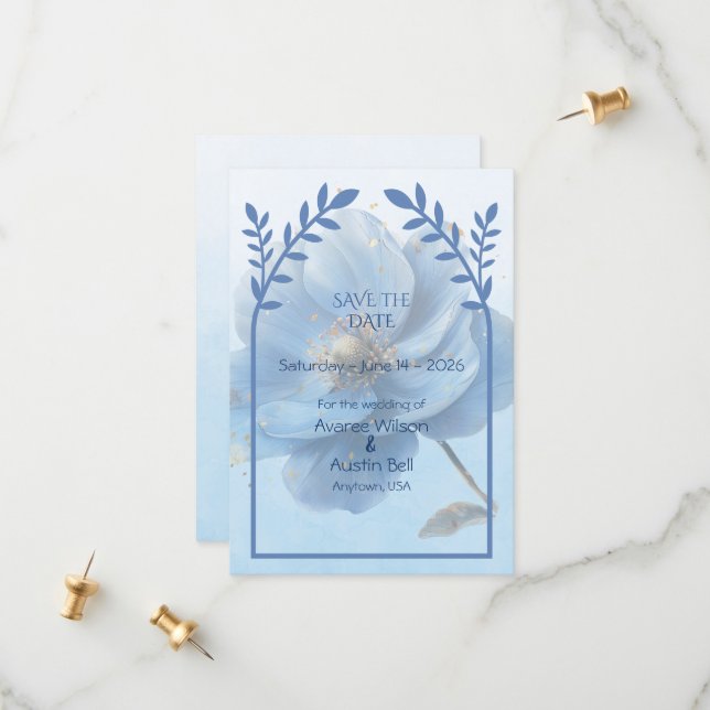 Save The Date Modern Minimalist Gold and Blue Flat (Devant/Arrière en situation)