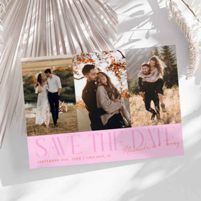 Save The Date Modern Multi Photo Couple's Signature Orange Pink (Créateur téléchargé)