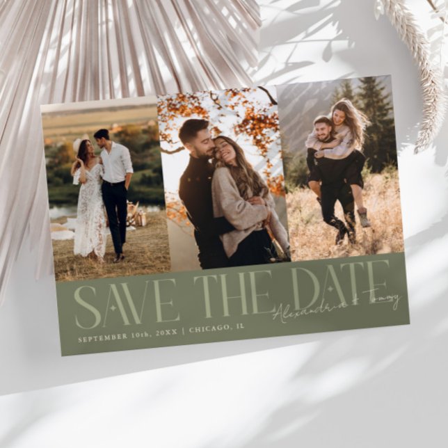 Save The Date Modern Multi Photo Couple's Signature Sage Green (Créateur téléchargé)
