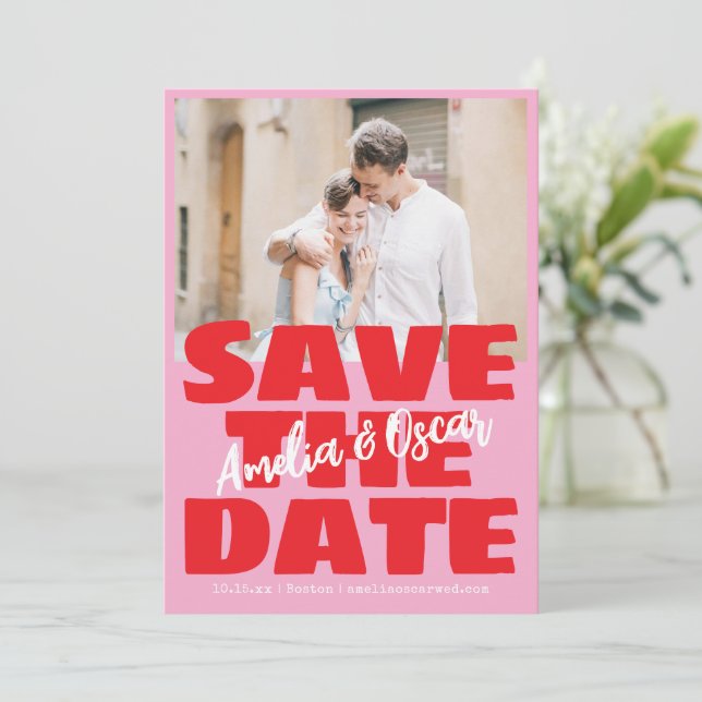 Save The Date Modern Pink Red Photo Playful Bold Modern (Debout devant)