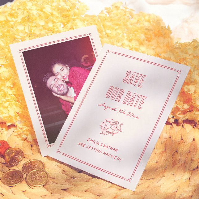 Save The Date Modern Quirky Retro Hand Drawn Cupid Photo Wedding (Créateur téléchargé)