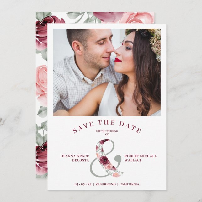 Save The Date Modern Romantic Classic Floral Pink Shades Photo (Devant / Derrière)