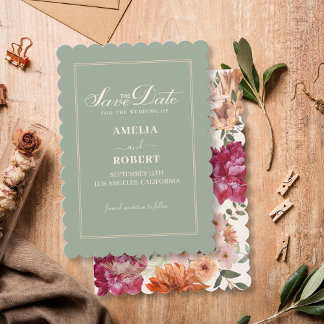 Save The Date Modern sage green floral fall wedding 