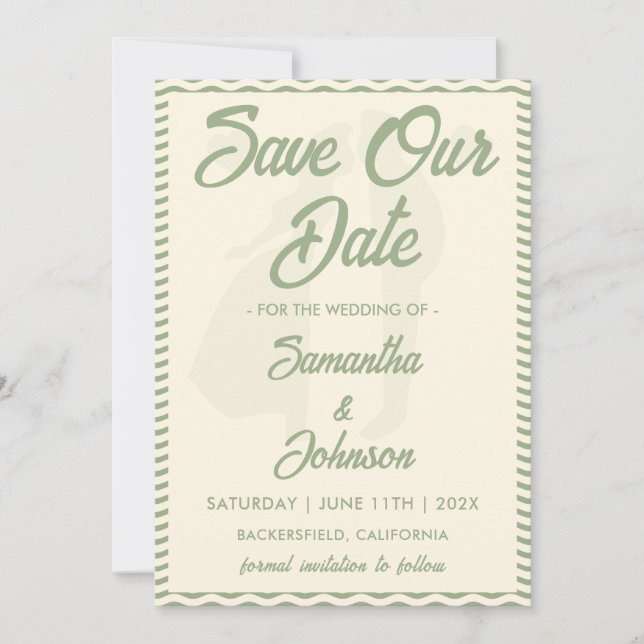 Save The Date Modern Sage Green Wavy Stripe Photo Wedding (Devant)