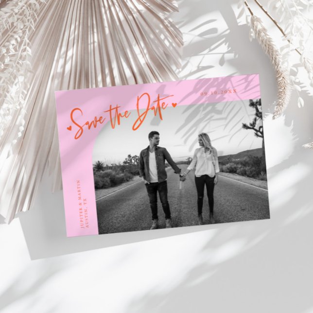 Save The Date Modern Script Heart Orange Pink Curved Frame Photo (Créateur téléchargé)