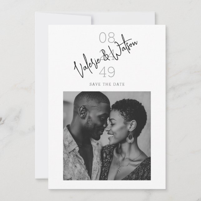 Save The Date Modern Script Numeric Date Black and White Photo (Devant)