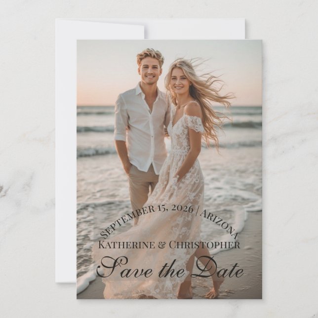 Save The Date Modern Script Two Beach Photos Destination Wedding (Devant)