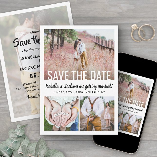 Save The Date Modern Simple Typography Overlay 4 Photo Wedding (Créateur téléchargé)