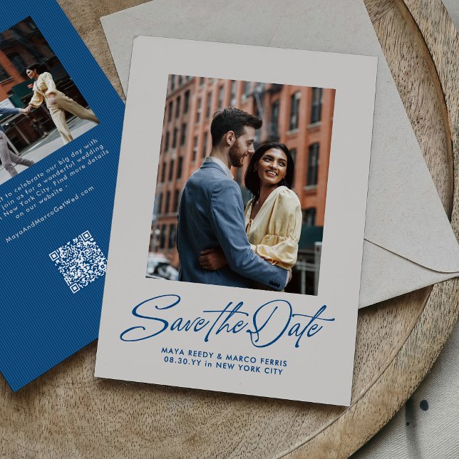 Save The Date Modern stylish blue script two photo (Créateur téléchargé)