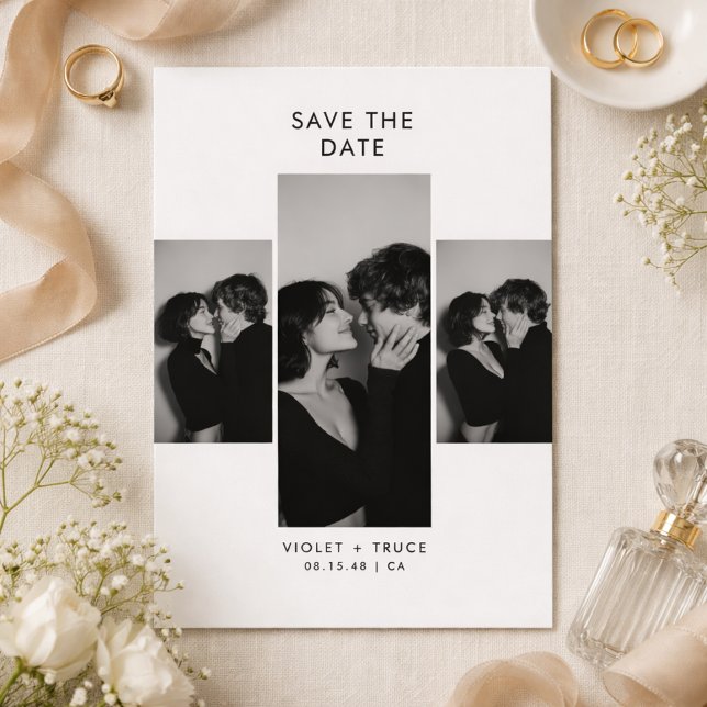 Save The Date Modern Three Photo Black and White Wedding (Créateur téléchargé)