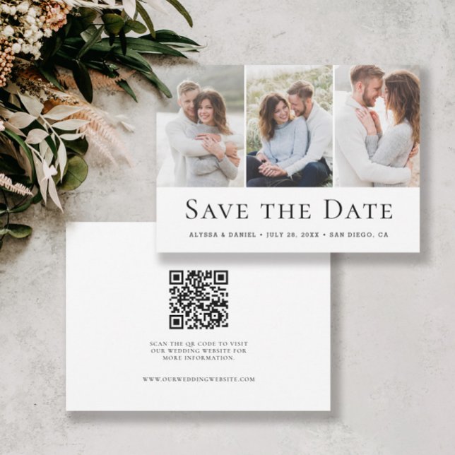Save The Date Modern Three Photo Wedding website QR Code  (Custom 3 photo simple, minimalist, modern save the date QR code wedding website card.)