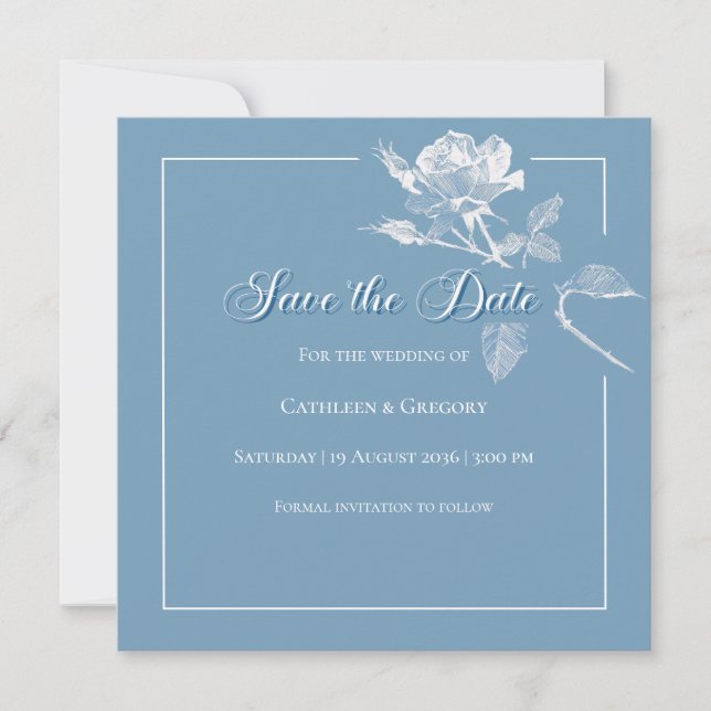Save The Date Modern White Roses Dusty Blue Floral Wedding  (Devant)