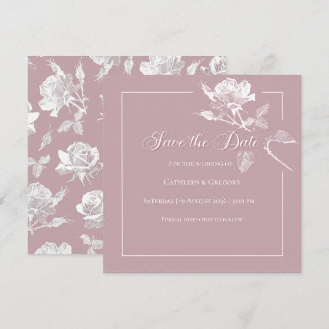 Save The Date Modern White Roses Dusty Pink Floral Wedding (Devant / Derrière)