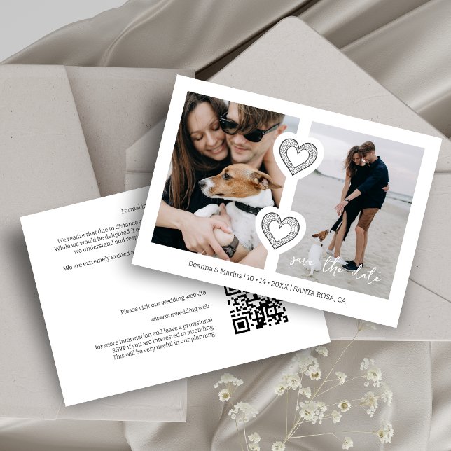 Save The Date Moderne 2 Photos Multi & 2 Coeurs de dentelle Blan (Modern 2 Multi Photos & 2 Fake Lace Hearts in White & Dark Grey Wedding Save the Date Card.)