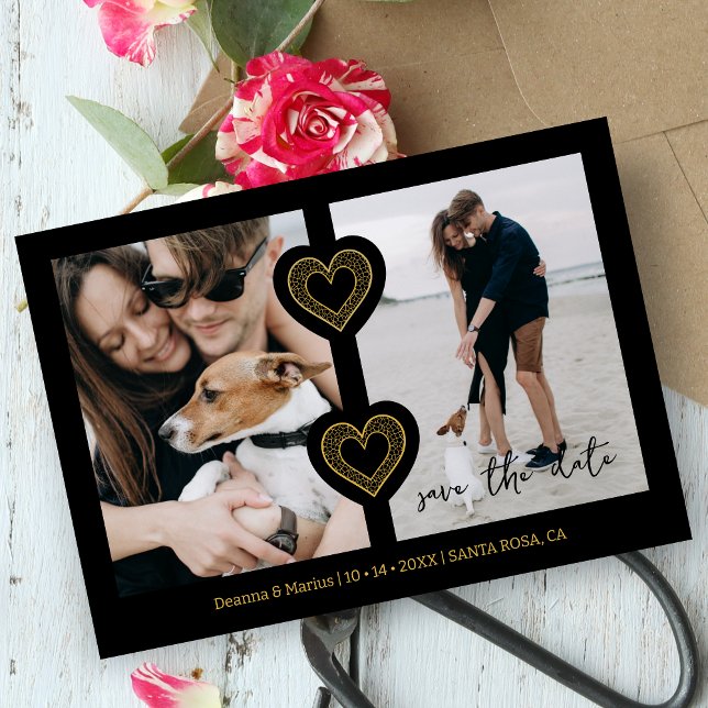 Save The Date Moderne 2 Photos Multiples et 2 Coeurs en dentelle (Modern 2 Multi Photos & 2 Fake Lace Hearts in Black & Faux Golden Wedding Save the Date Card.)