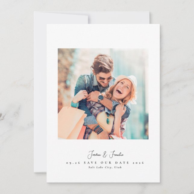 Save The Date Moderne 2 script photo noir et blanc mariage (Devant)