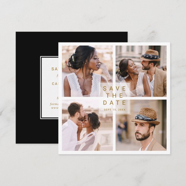Save The Date Moderne 4 Photo Collage Gold Carré Mariage (Devant / Derrière)