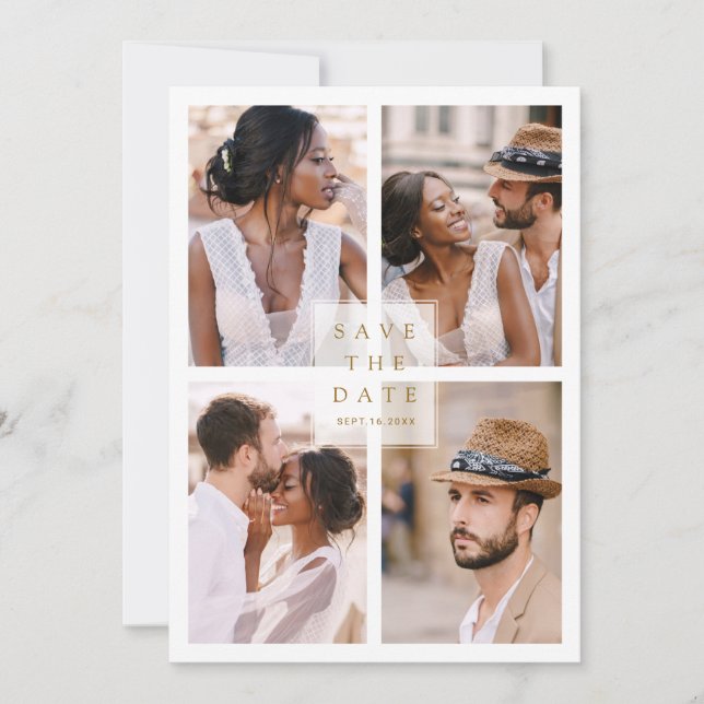 Save The Date Moderne 4 Photo Collage Gold Mariage (Devant)