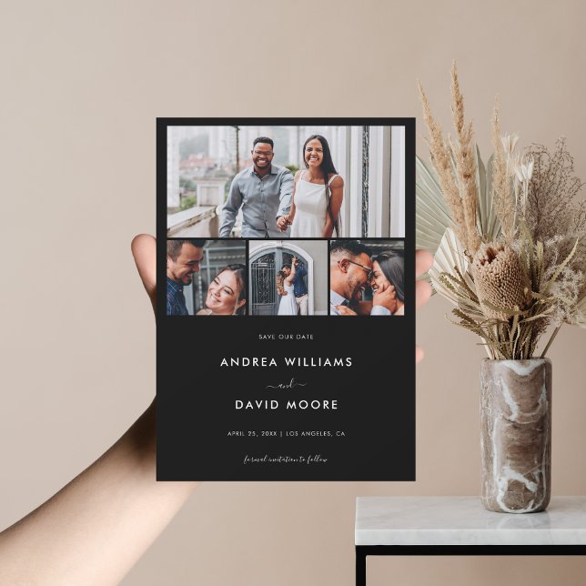 Save The Date Moderne 4 Photo Collage QR Code Mariage noir (Créateur téléchargé)