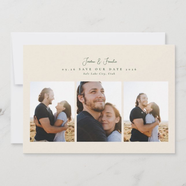 Save The Date moderne 4 photo collage script calligraphie mariag (Devant)