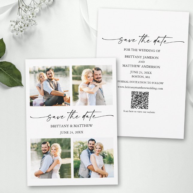 Save The Date Moderne 4 Photos Mini Script d'encre QR Code (Add your wedding website or social media web address to the QR Scan Code.)