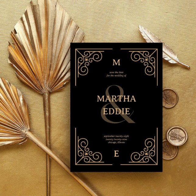 Save The Date Moderne Art Déco | Fond de photographie noir et or (Modern deco black and gold save the date with photo back reveals your wedding date in elegant style.)