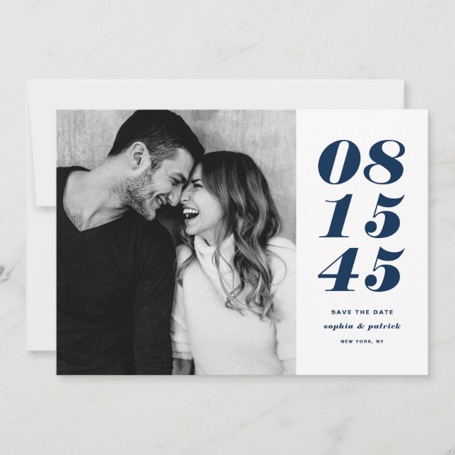 Save The Date Moderne Bleu et Blanc Gras Date Typographie Photo (Devant)