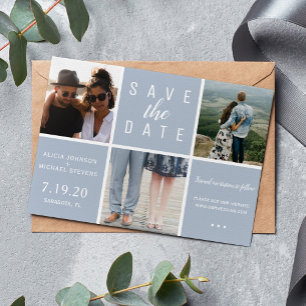 Save The Date Moderne bleu poussiéreux simple 3 photo collage ma
