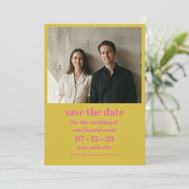 Save The Date Moderne Chartreuse Rose Jaune Photo Mariage Gras (Debout devant)