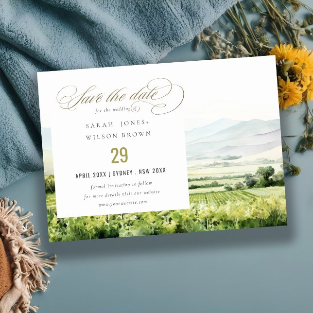 Save The Date Moderne Chic Aquarelle Vignoble Paysage Mariage (Créateur téléchargé)