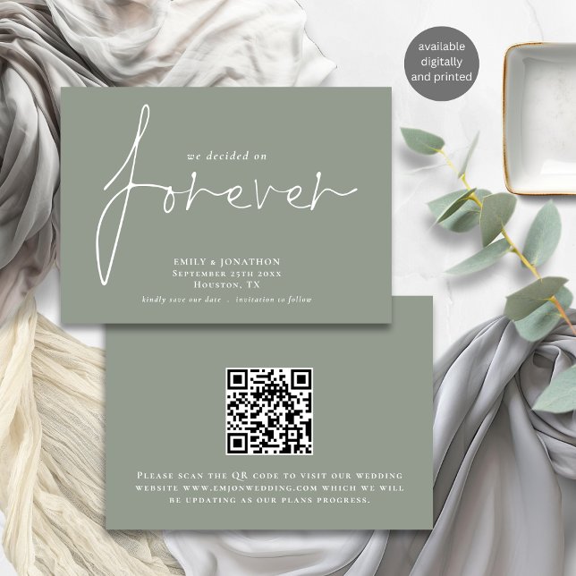 Save The Date Moderne Décidé Sur Forever QR Code Sage Green (Front and back view)