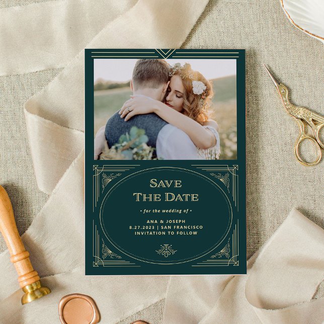 Save The Date Moderne Déco | Photo en vert émeraude et champagne (An elegant, art deco style wedding photo save the date card, in emerald green and champagne)