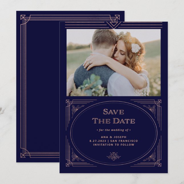 Save The Date Moderne Déco | Photo Faux Rose Doré et Bleu Marine (Devant / Derrière)