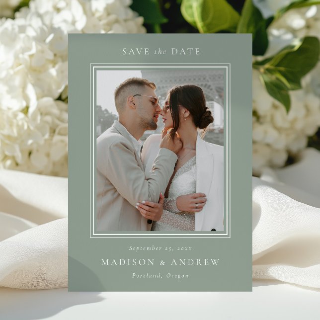 Save The Date Moderne Double Bordure Vert Sauge 2 Photo Mariage (Créateur téléchargé)