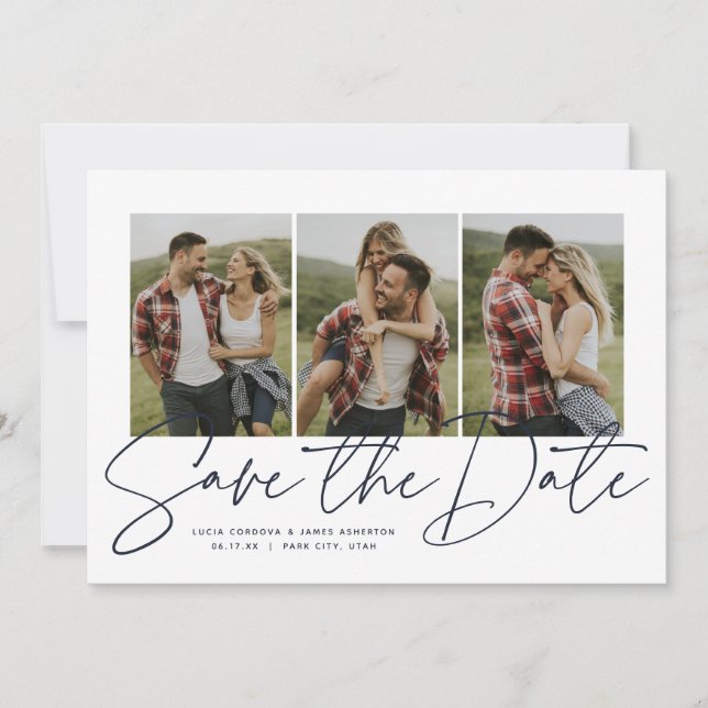 Save The Date Moderne écriture stylée trois photo bleu marine (Devant)