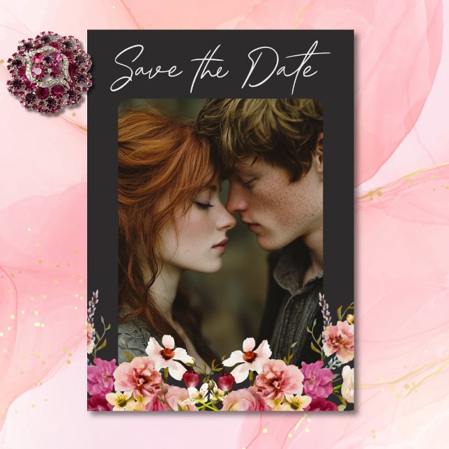 Save The Date Moderne Elégant été prairie floral noir Mariage (Modern Elegant Summer Meadow Floral Black Wedding Save The Date)